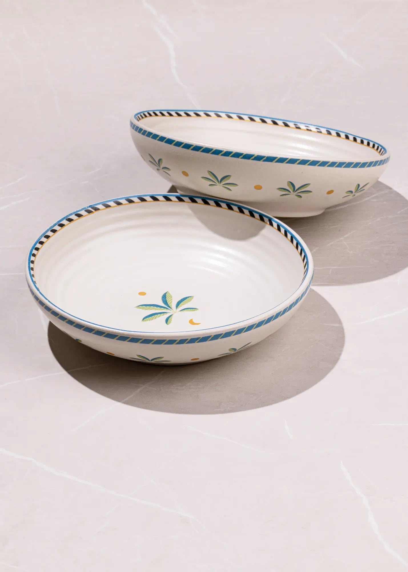 Ceramic Shallow Serving Bowl - Palm Tree Motif, Set of 2, 19cm