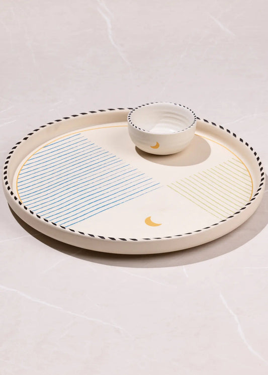 Handmade Ceramic Serving Tray - Tall Edge, Striped, 26.5cm Square