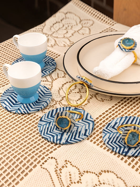 Blue & White Printed Napkin Rings & Coasters – MDF & Metal – 8 Piece Set