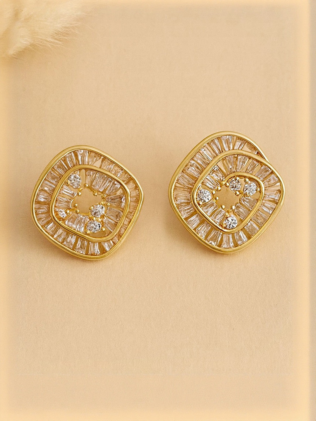 Gold-Plated American Diamond Square Studs – Fashion Earrings – AD Embellished – 1.9x1.8cm