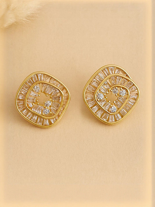 Gold-Plated American Diamond Square Studs – Fashion Earrings – AD Embellished – 1.9x1.8cm