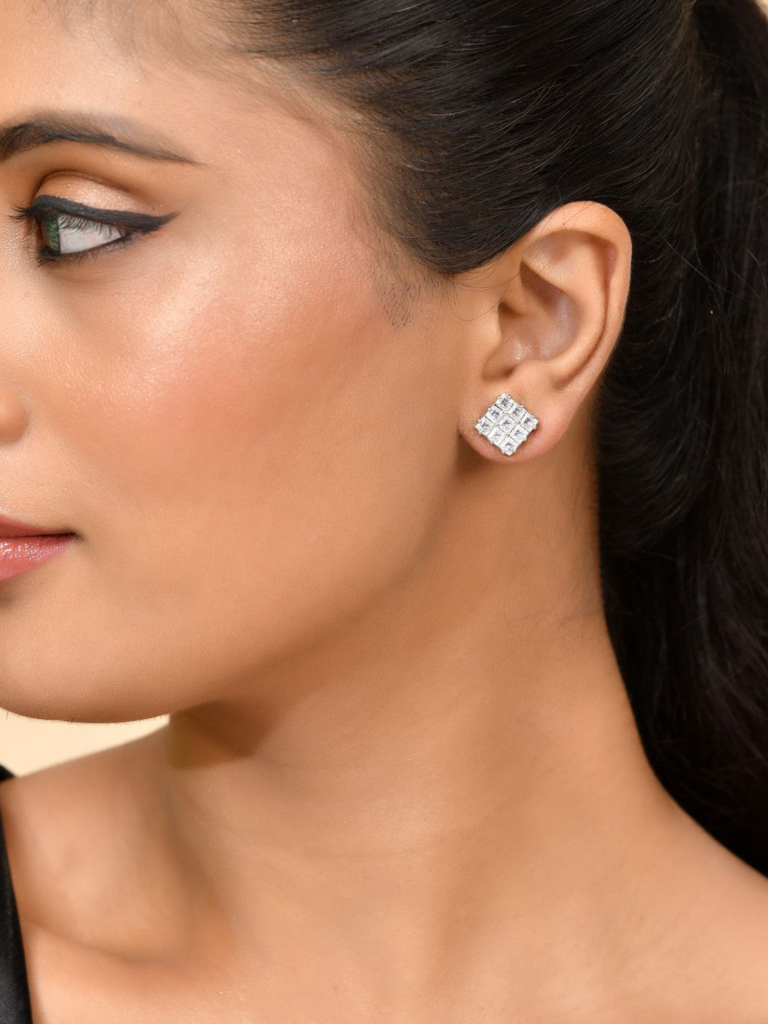 Silver-Plated Square Stud Earrings – Fashion Jewelry – American Diamond Accents – 1cm Pair