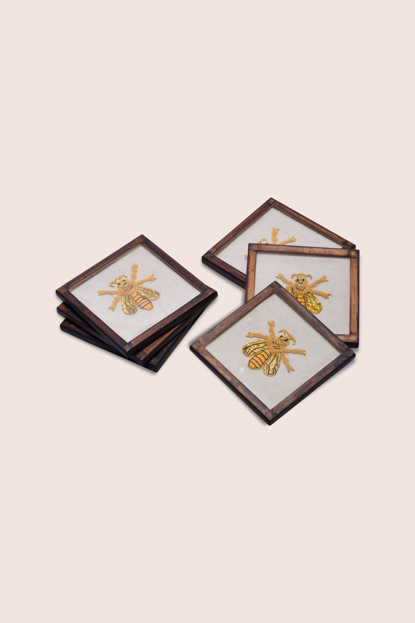 Embroidered Khadi Cotton Beverage Coaster - Set of 2 With Holder