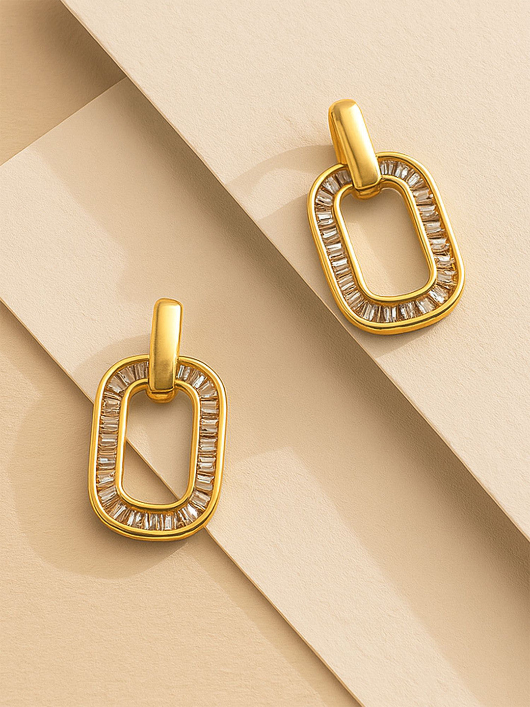 Gold-Plated American Diamond Studs – Square Earrings – AD Embellished – 1.9x1.1cm