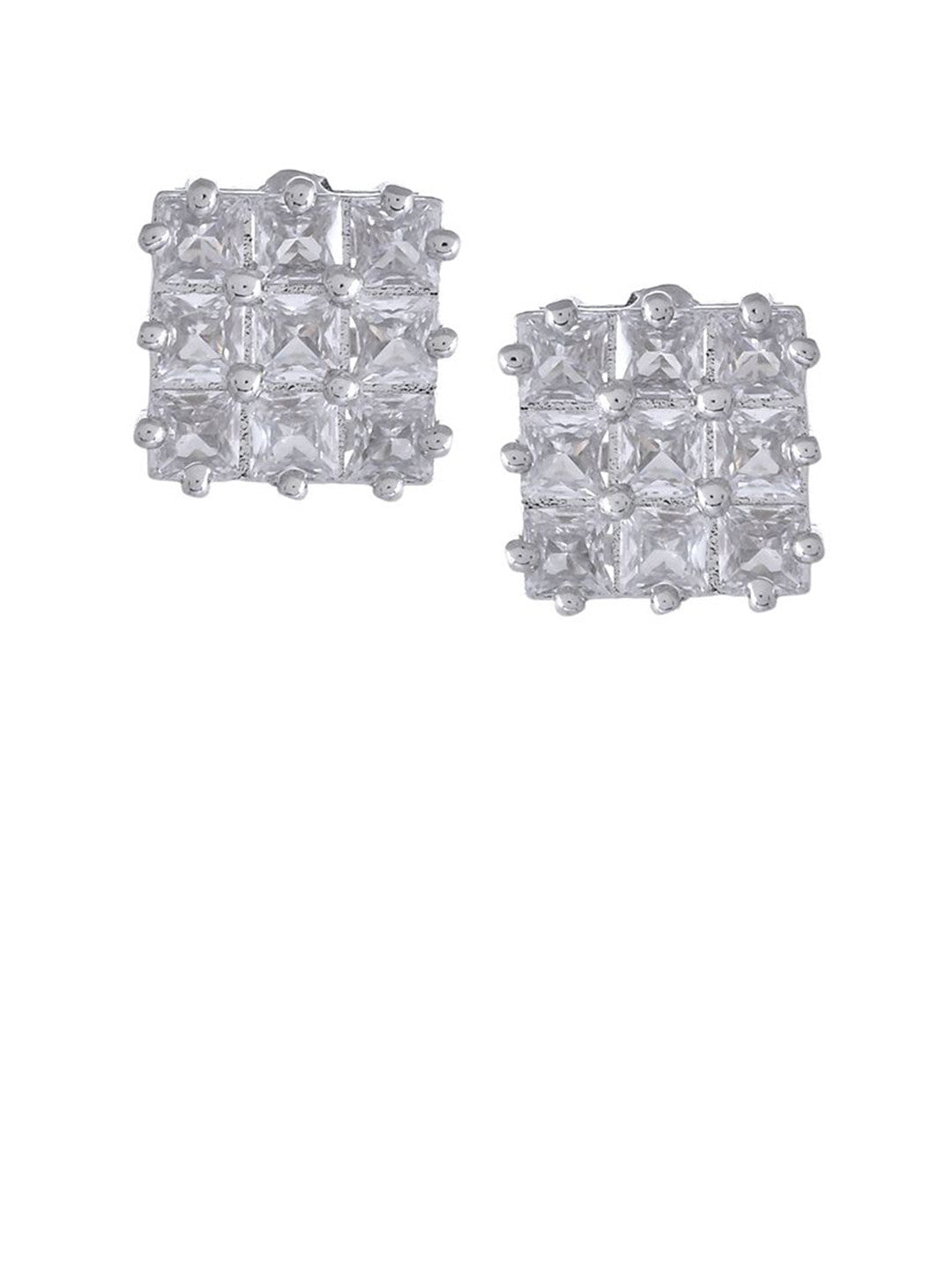 Silver-Plated Square Stud Earrings – Fashion Jewelry – American Diamond Accents – 1cm Pair