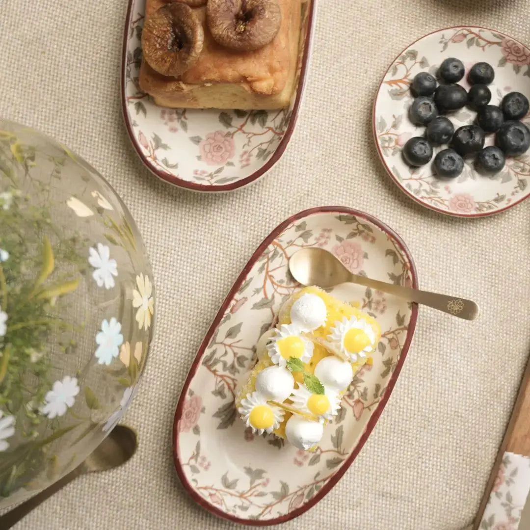 Handcrafted Stoneware Serving Tray - Oval, Peony Motif