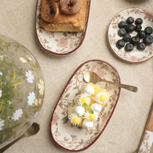 Handcrafted Stoneware Serving Tray - Oval, Peony Motif