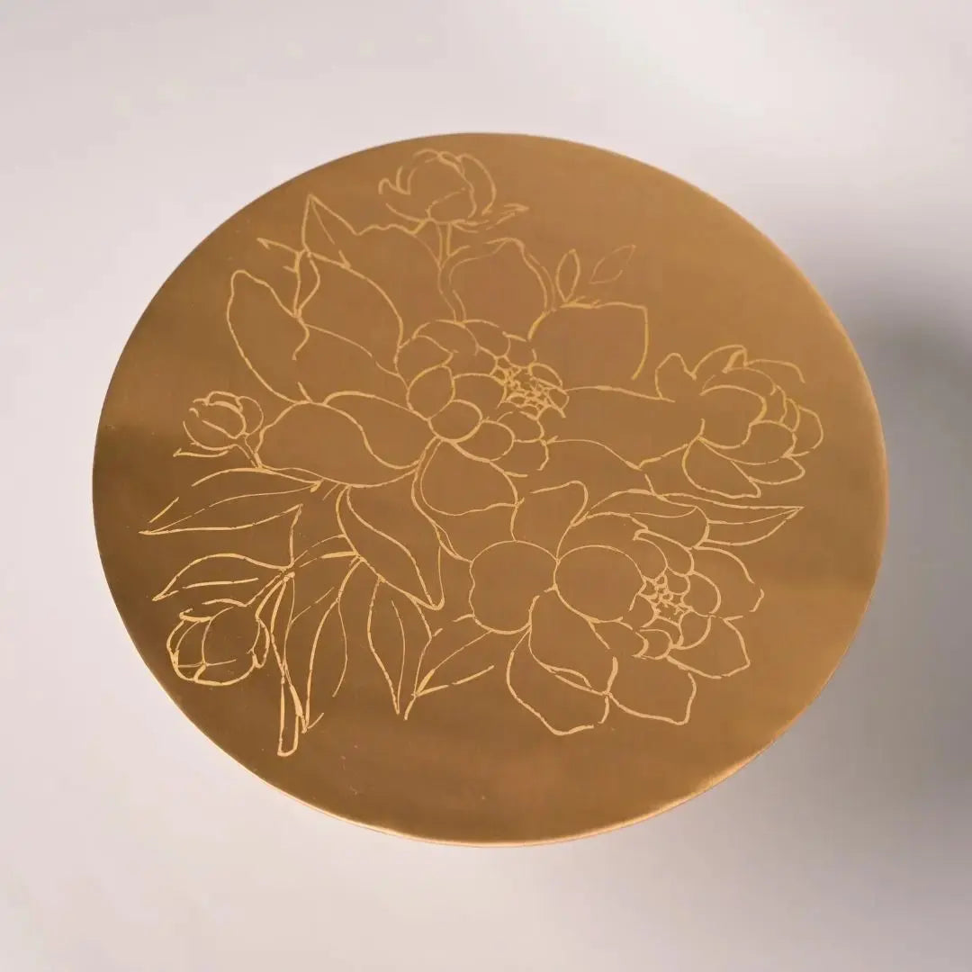Pure Brass Cake Stand – Laser-Etched Peony Flower Design | Luxury Dessert Stand for Weddings, Festive Hosting & Home Décor