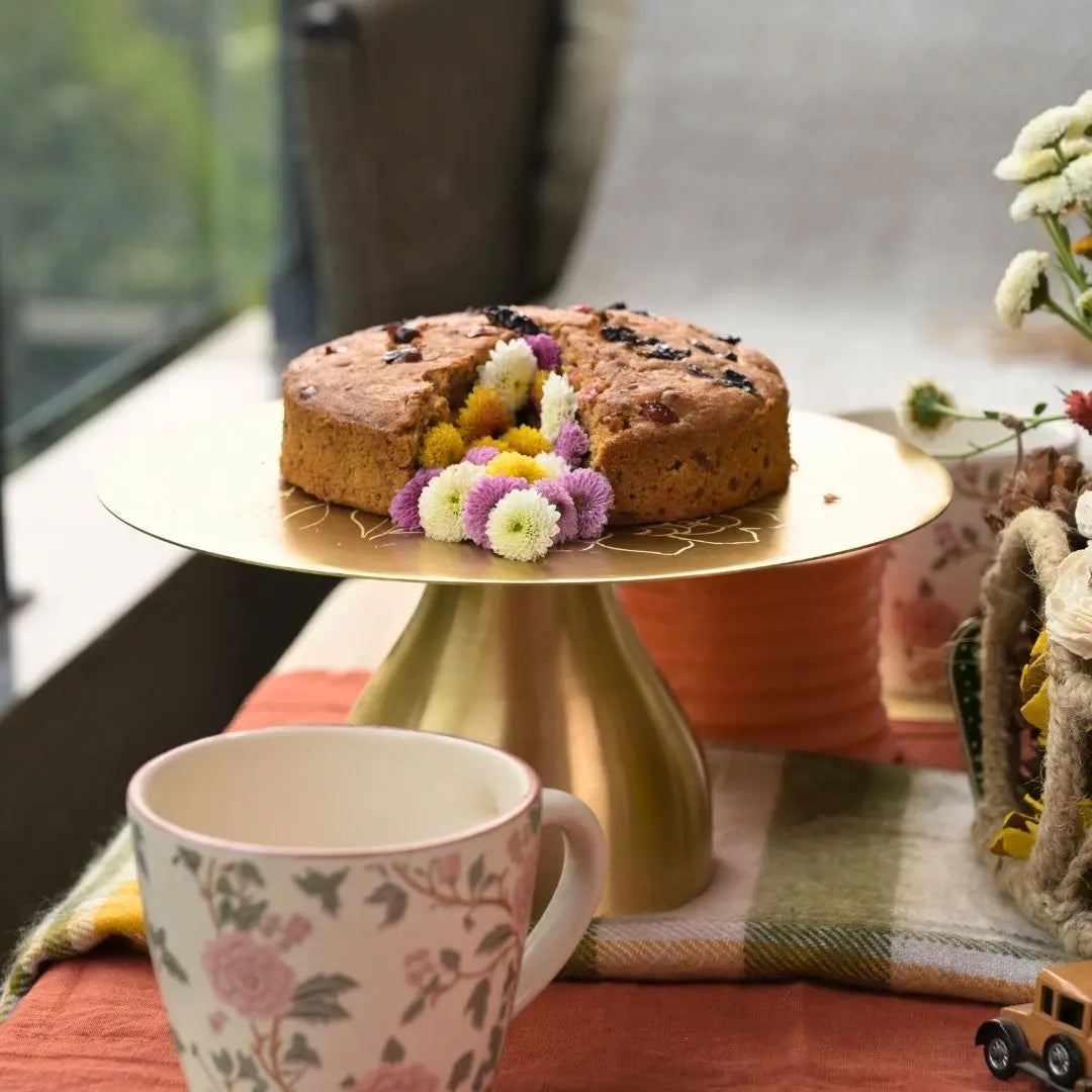 Pure Brass Cake Stand - Laser-Etched Peony Design