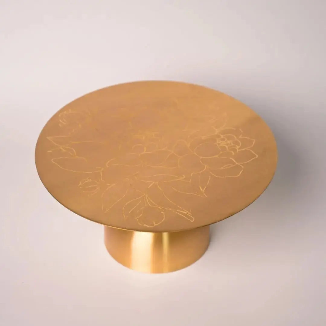 Pure Brass Cake Stand - Laser-Etched Peony Design