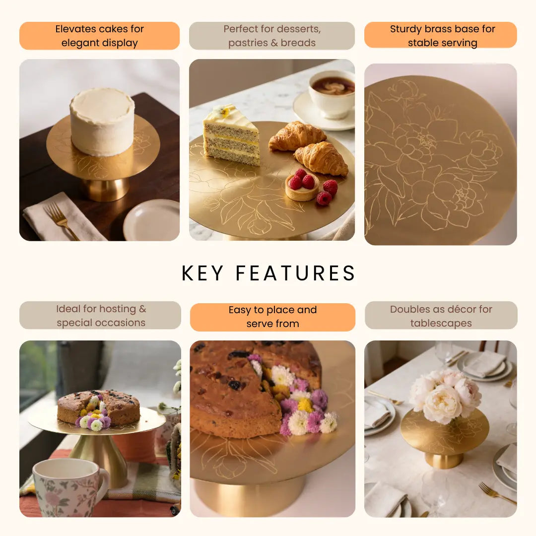 Pure Brass Cake Stand - Laser-Etched Peony Design