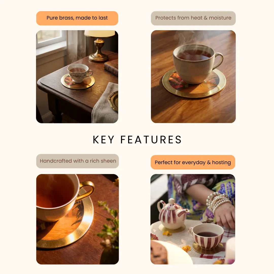 Pure Brass Beverage Coaster Flower Market Art Print - Set of 4