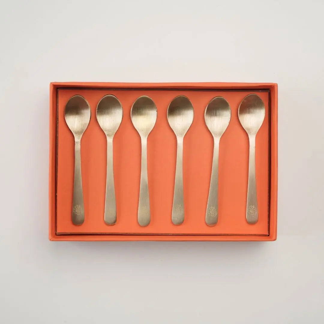 Premium Pure Brass Tea Spoons Set of 6 – Handcrafted Brass Cutlery with Laser-Engraved Peony Design