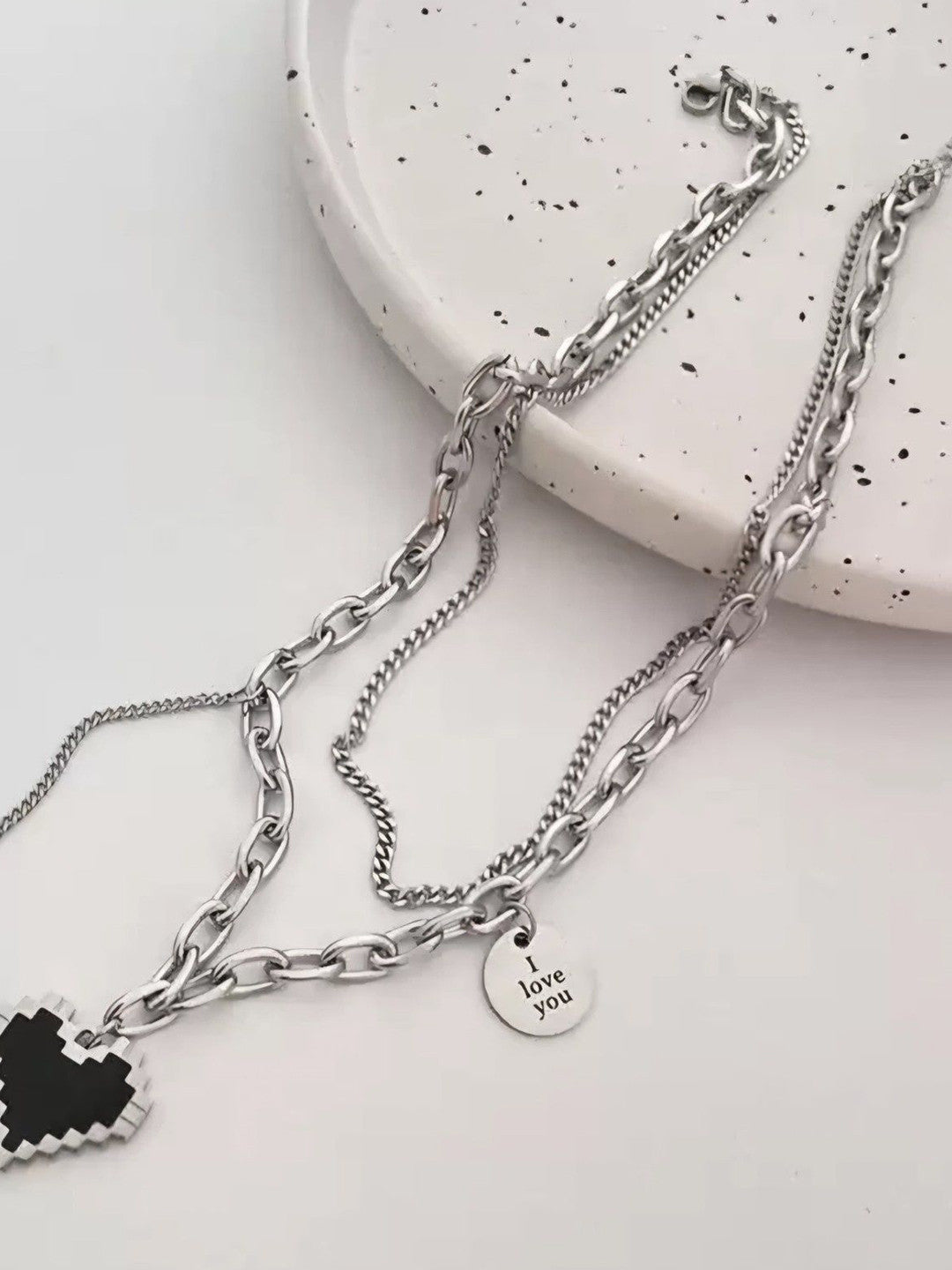 Pixel Heart I Love You Pendant – Layered Necklace – Silver-Plated Durable Stainless Steel