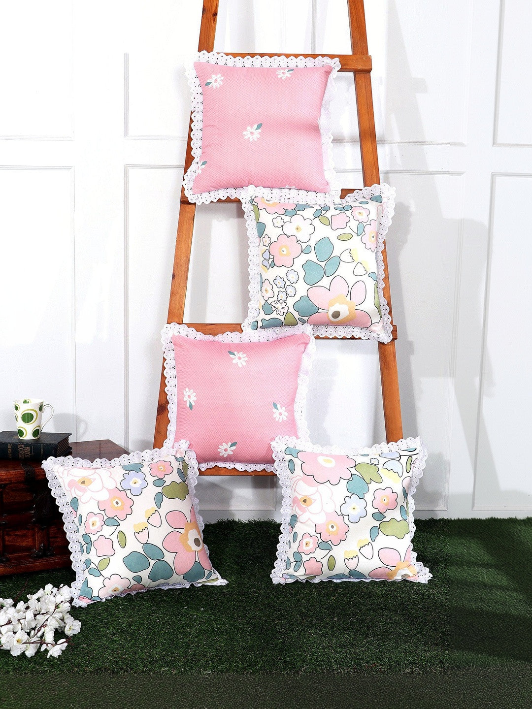 Set of 5 - Pink Lace Border Cushion Cover Set – Polycotton, Non-Crease – 16x16 inch