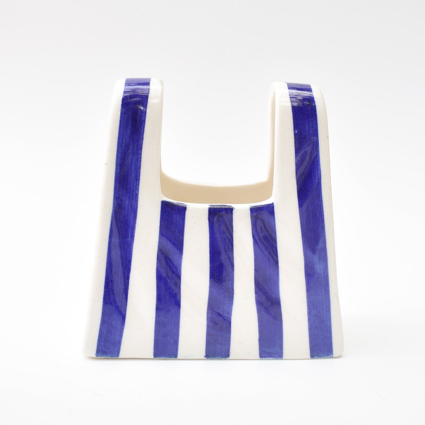 Vase | Ceramic Hand-painted Bag Shape | Small, Blue Stripe