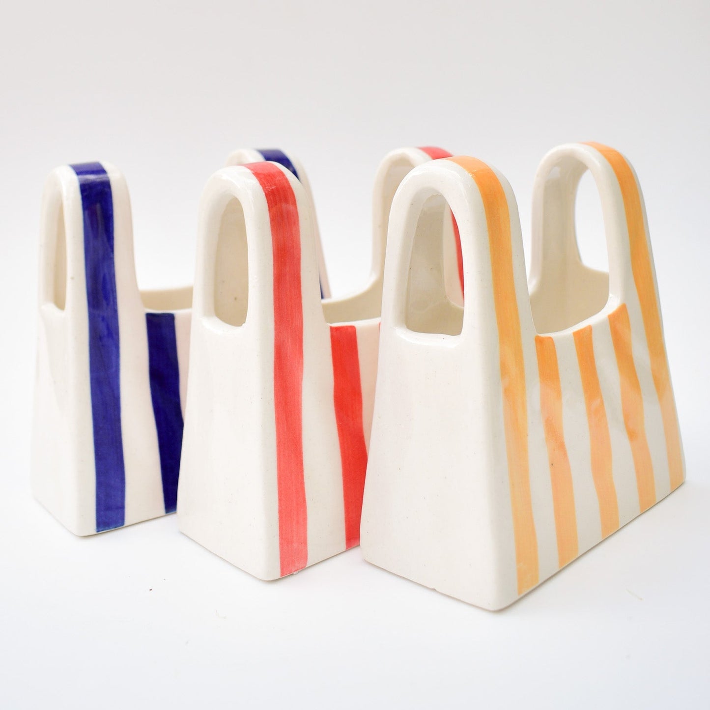 Vase | Ceramic Hand-painted Bag Shape | Small, Blue Stripe