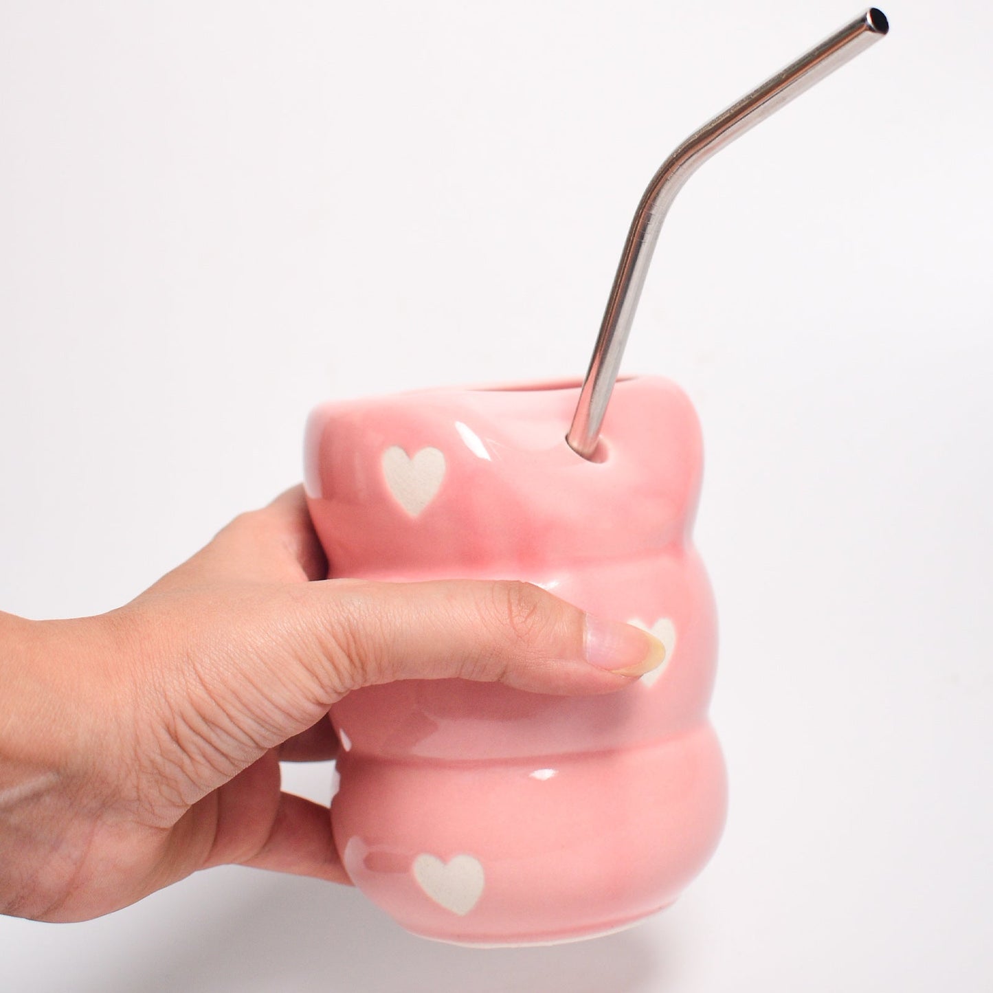 Tumbler | Ceramic Handmade with Straw | Pink Heart Design