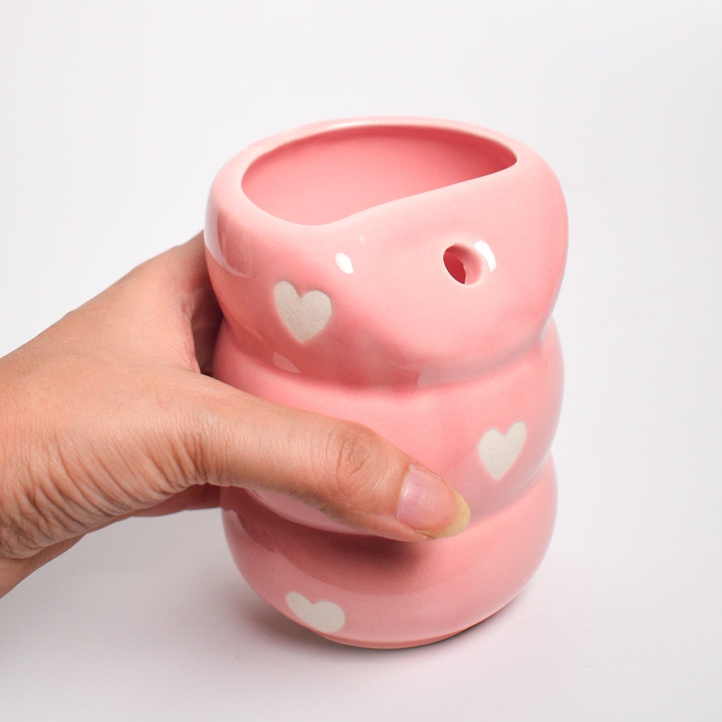 Tumbler | Ceramic Handmade with Straw | Pink Heart Design