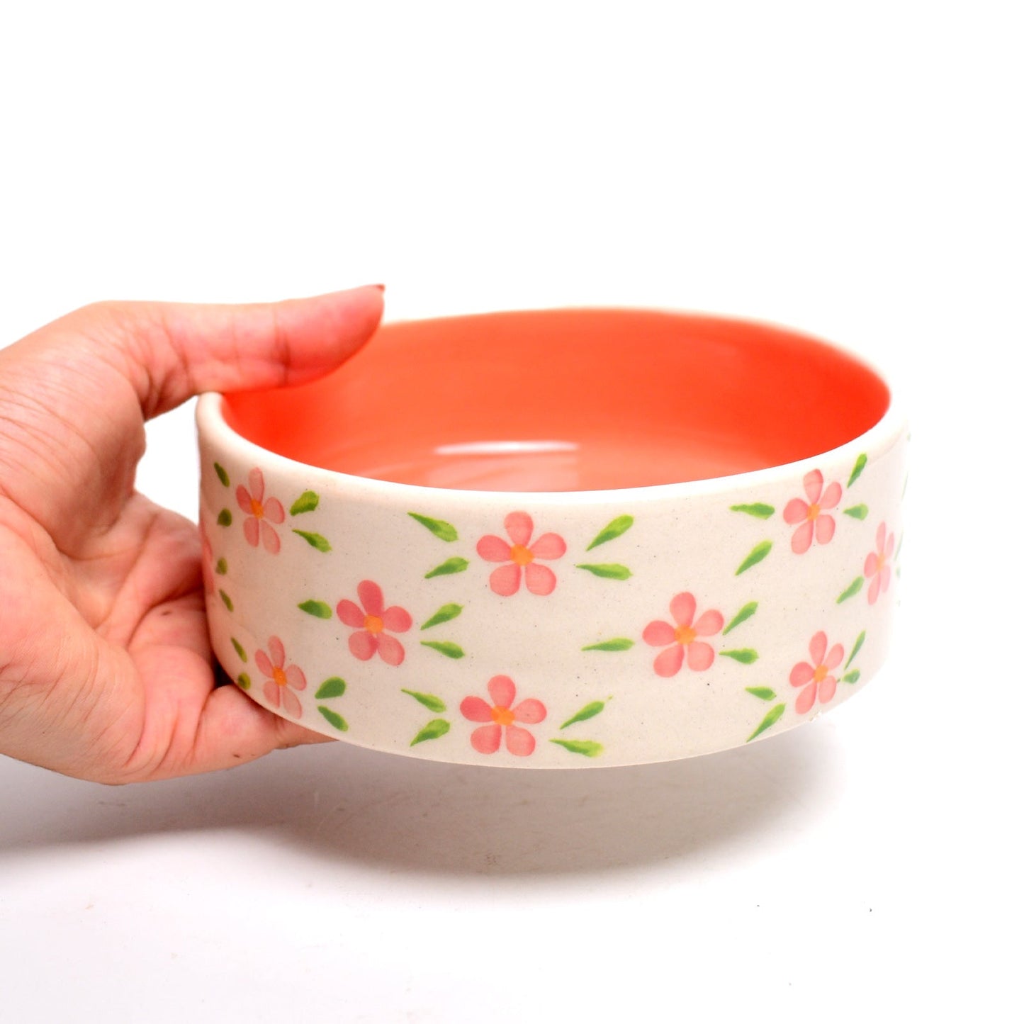 Serving Bowl | Ceramic Hand-painted Orange Flowers | Small, Orange