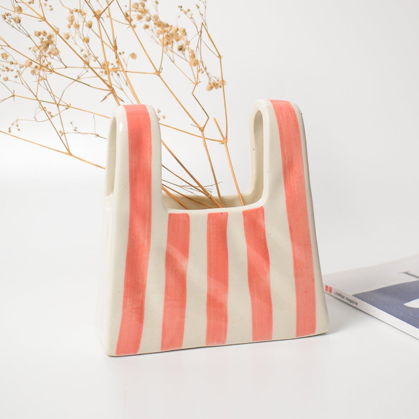 Vase | Ceramic Bag Shape | Small, Pink Stripe