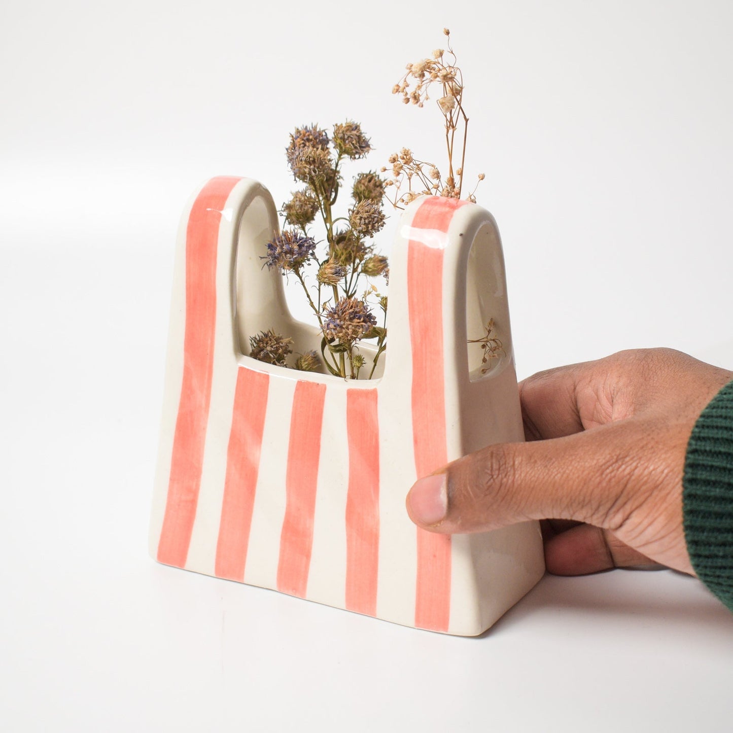 Vase | Ceramic Bag Shape | Small, Pink Stripe