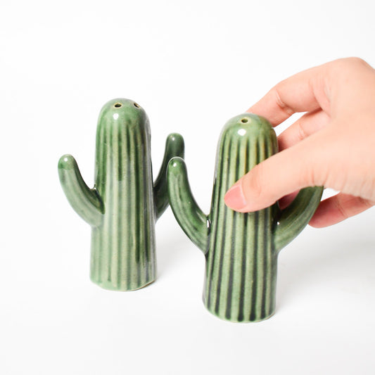 Salt Pepper Shaker | Hand-painted Ceramic Cactus Shape | Set of 2, Green