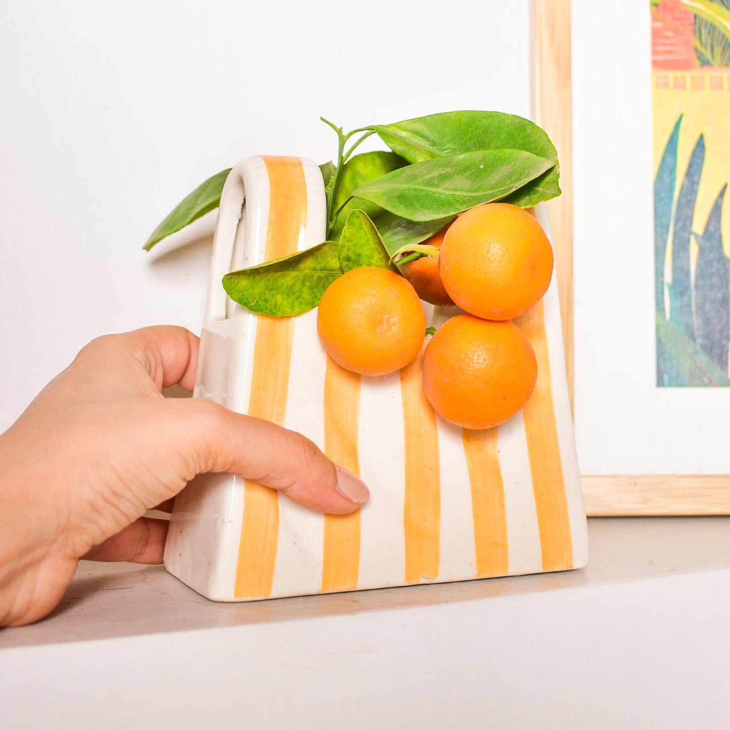 Vase | Ceramic Hand-painted Bag Shape | Small Yellow Stripe