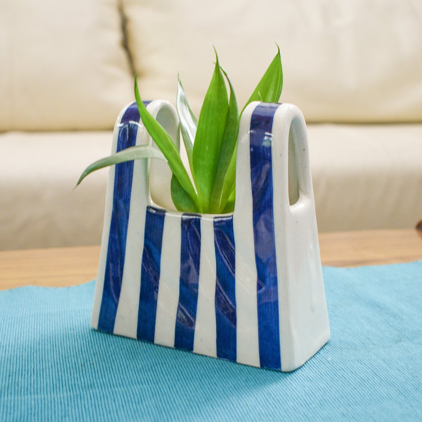 Vase | Ceramic Hand-painted Bag Shape | Small, Blue Stripe