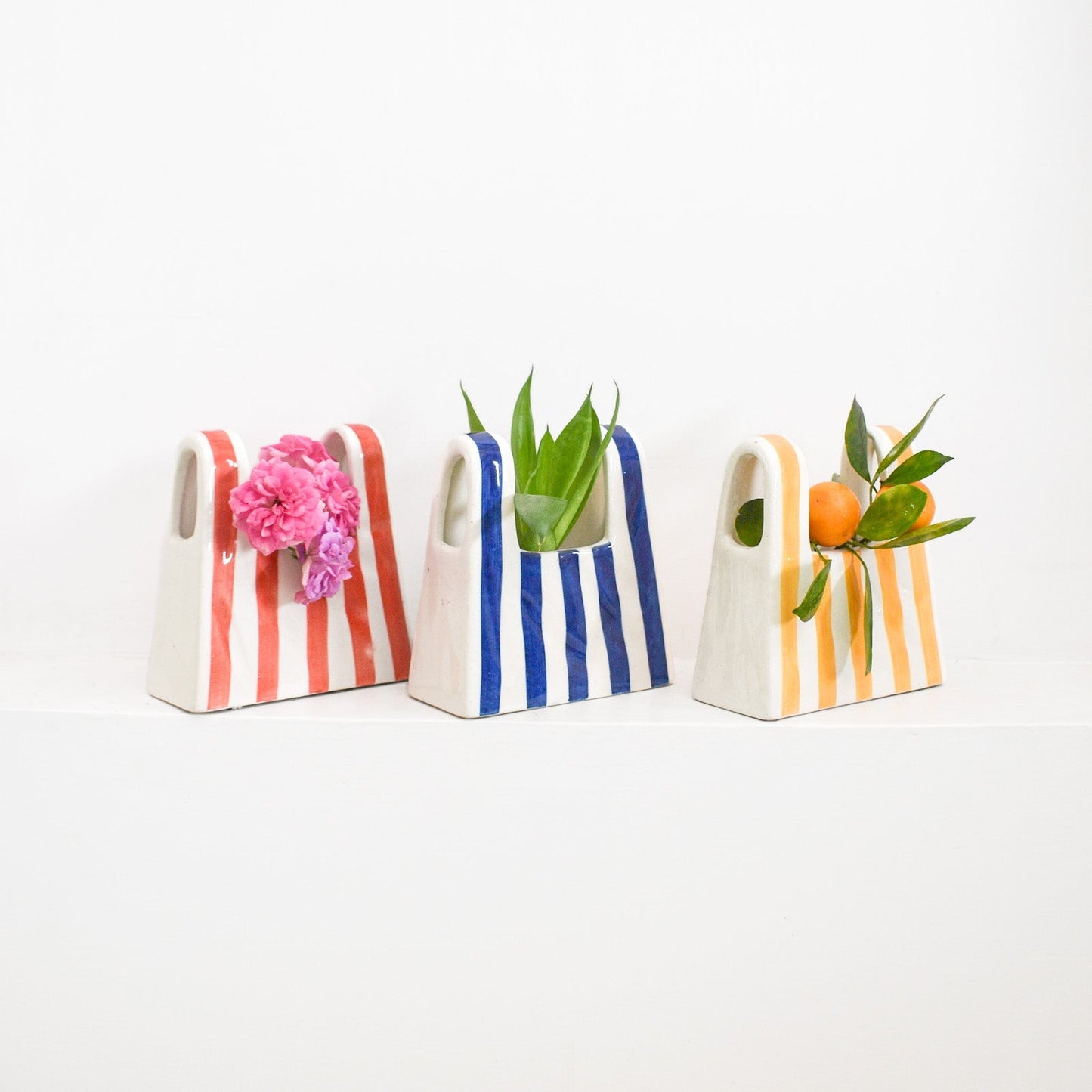 Vase | Ceramic Hand-painted Bag Shape | Small, Blue Stripe