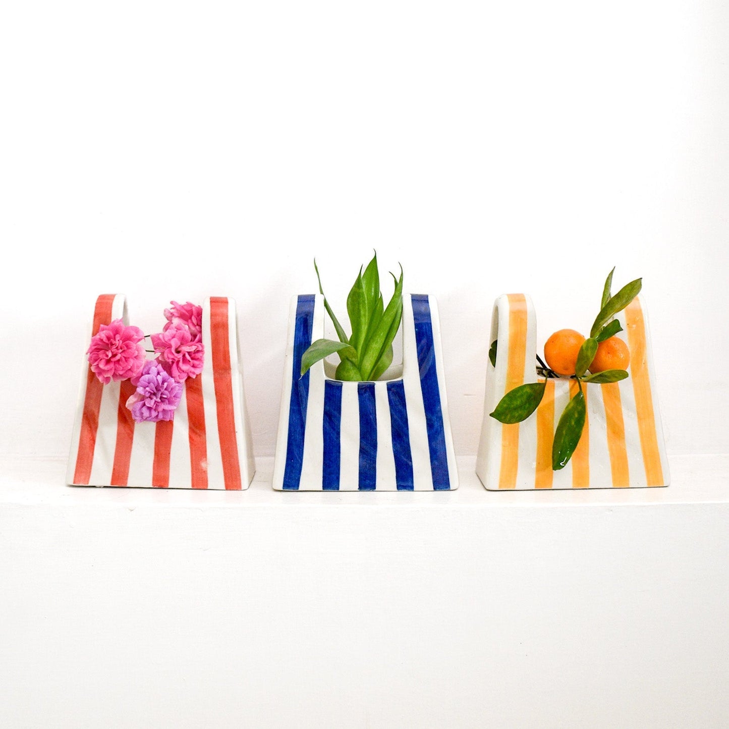Vase | Ceramic Hand-painted Bag Shape | Small Yellow Stripe