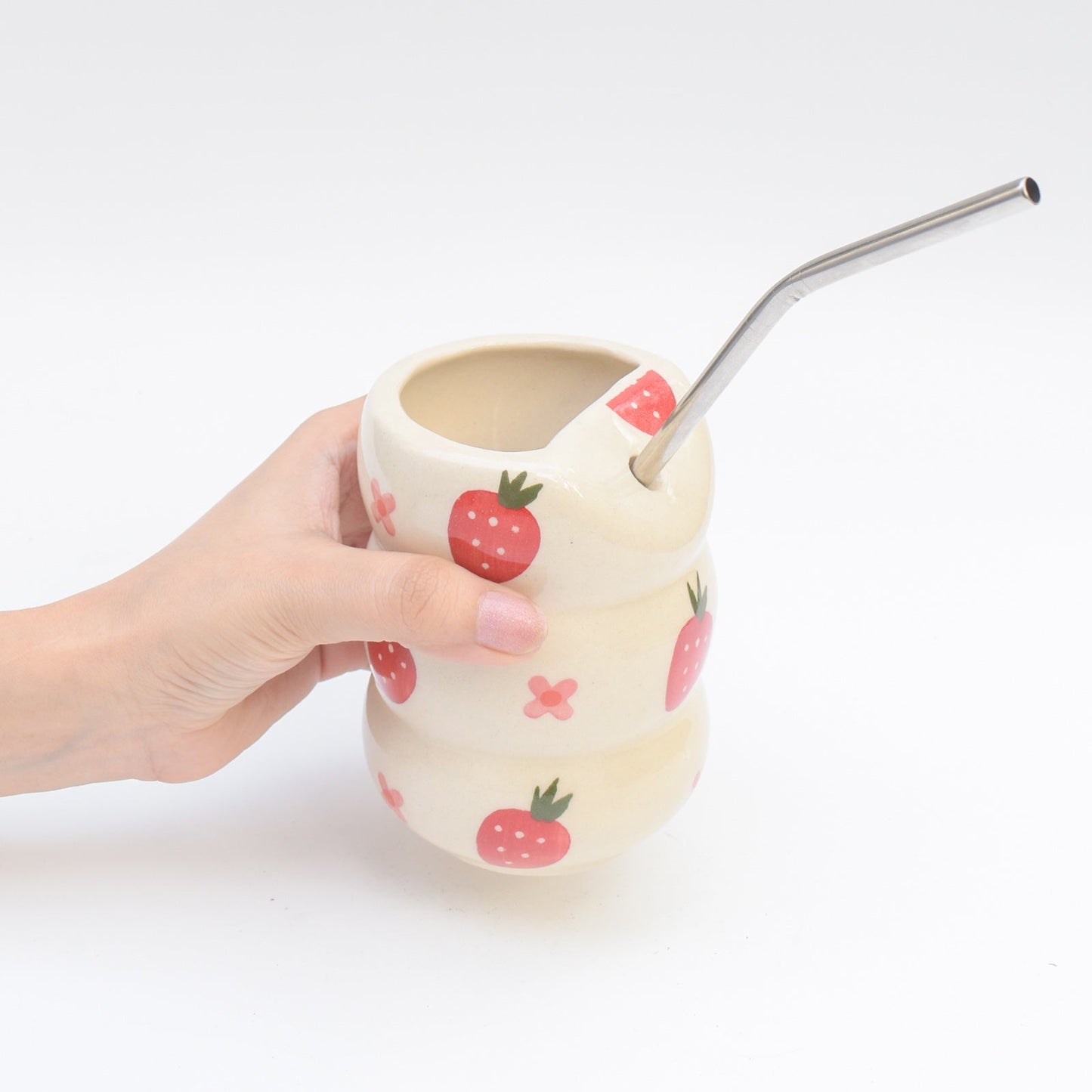 Tumbler | Pink Hand-painted Ceramic Strawberry Flower | With Stainless Steel Straw