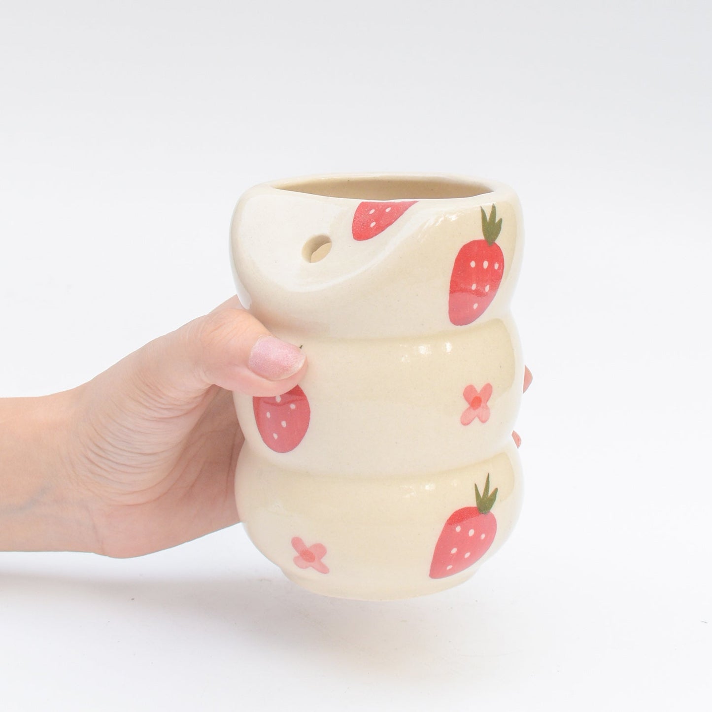 Tumbler | Pink Hand-painted Ceramic Strawberry Flower | With Stainless Steel Straw