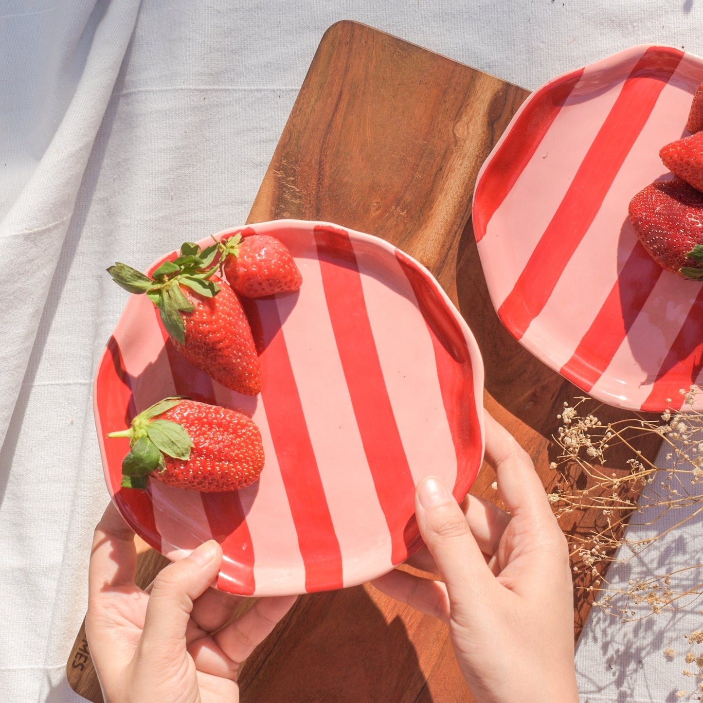 Serving Plate | Hand-finished Ceramic Red-Pink Striped | Set of 2