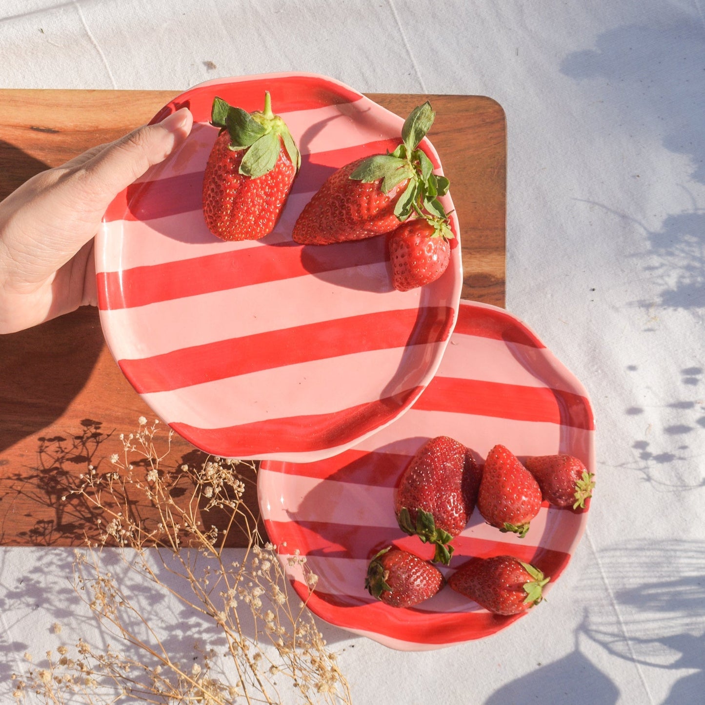 Serving Plate | Hand-finished Ceramic Red-Pink Striped | Set of 2