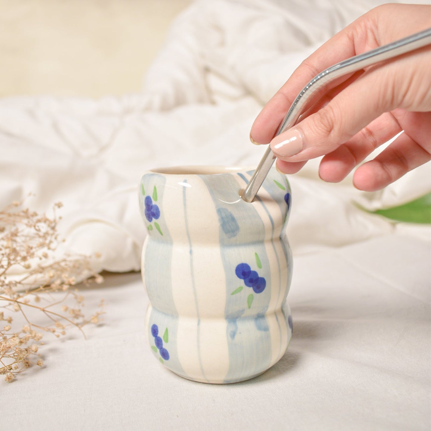 Tumbler | Ceramic Hand-painted With Straw | Blueberry