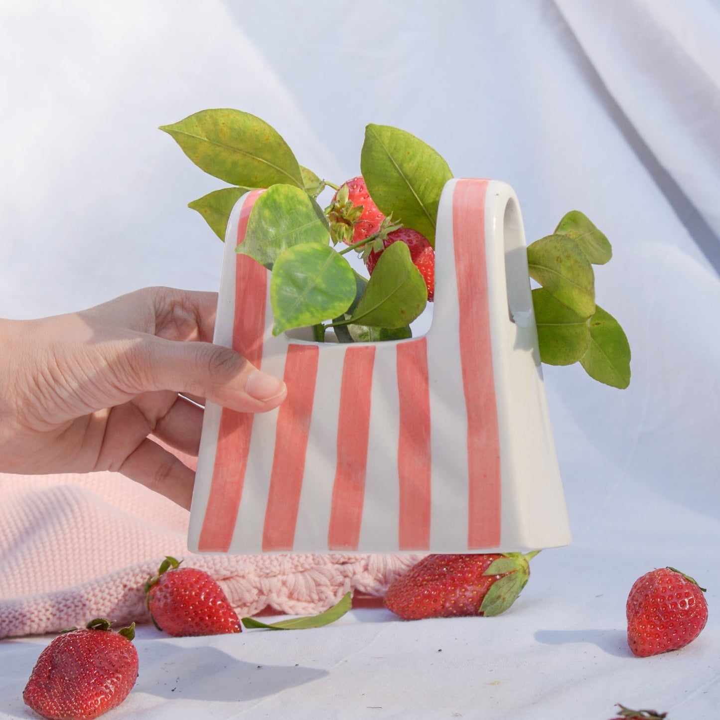 Vase | Ceramic Bag Shape | Small, Pink Stripe