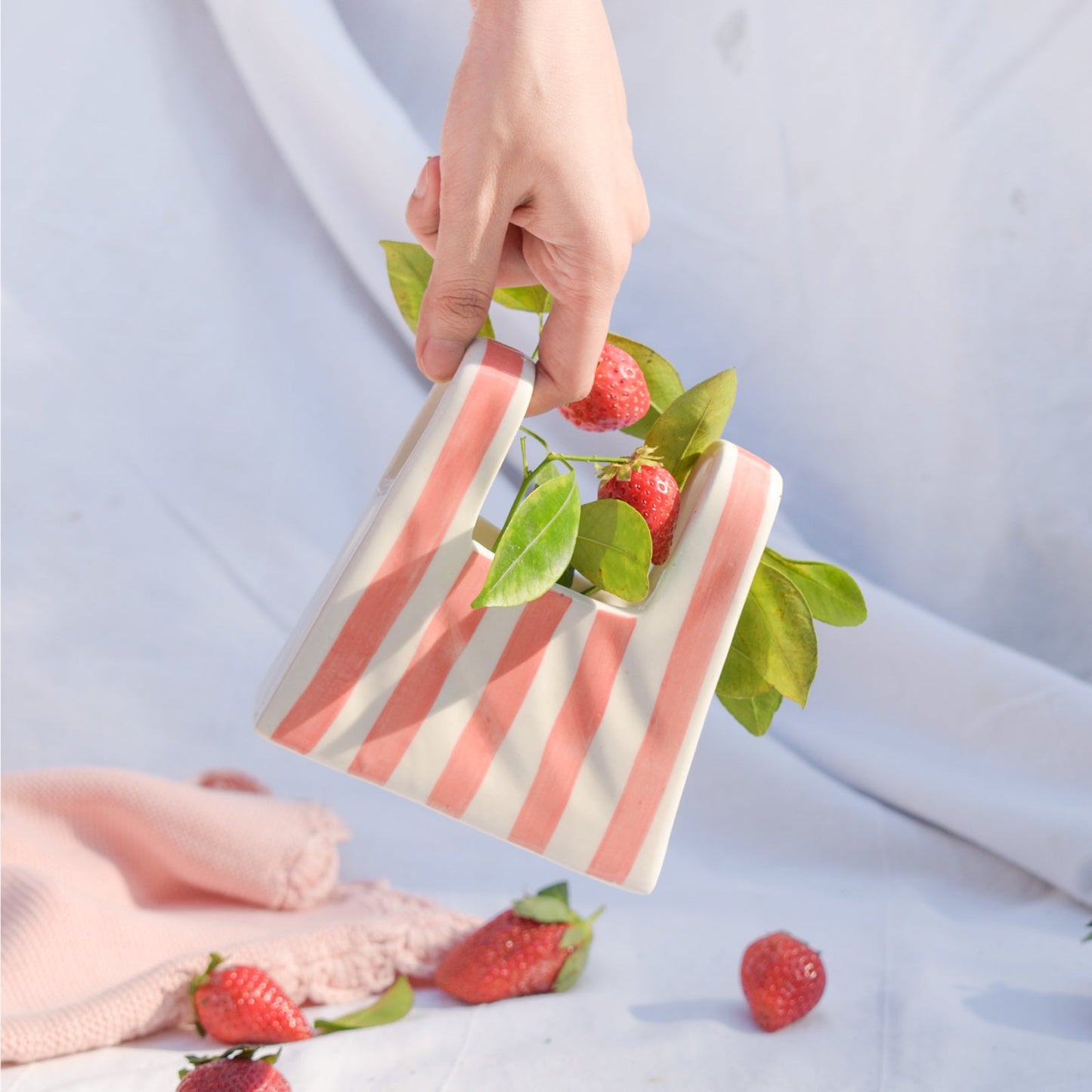Vase | Ceramic Bag Shape | Small, Pink Stripe