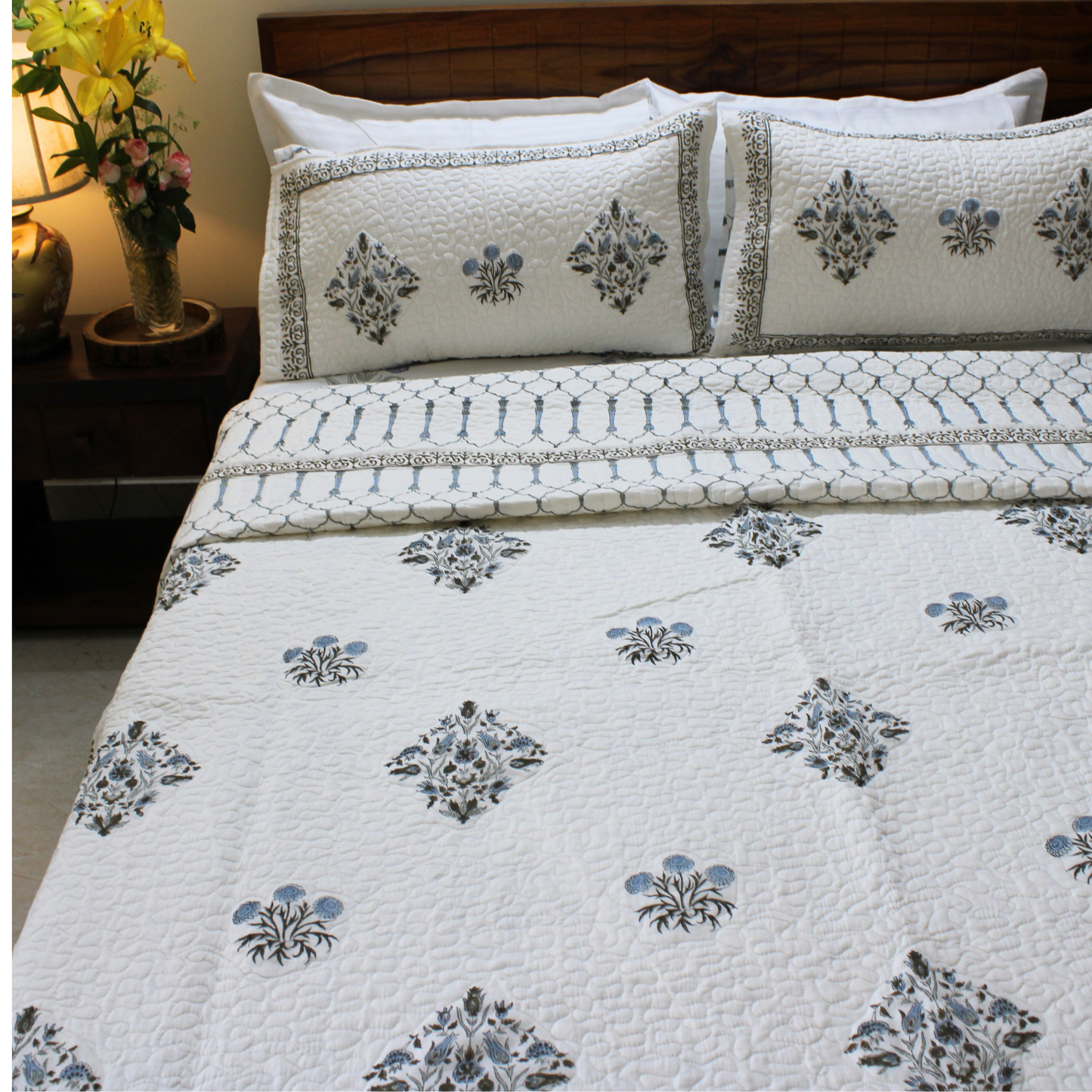 Bedsheet | Handblock Cotton Quilted | Set of 1 + 2 Pillow Covers