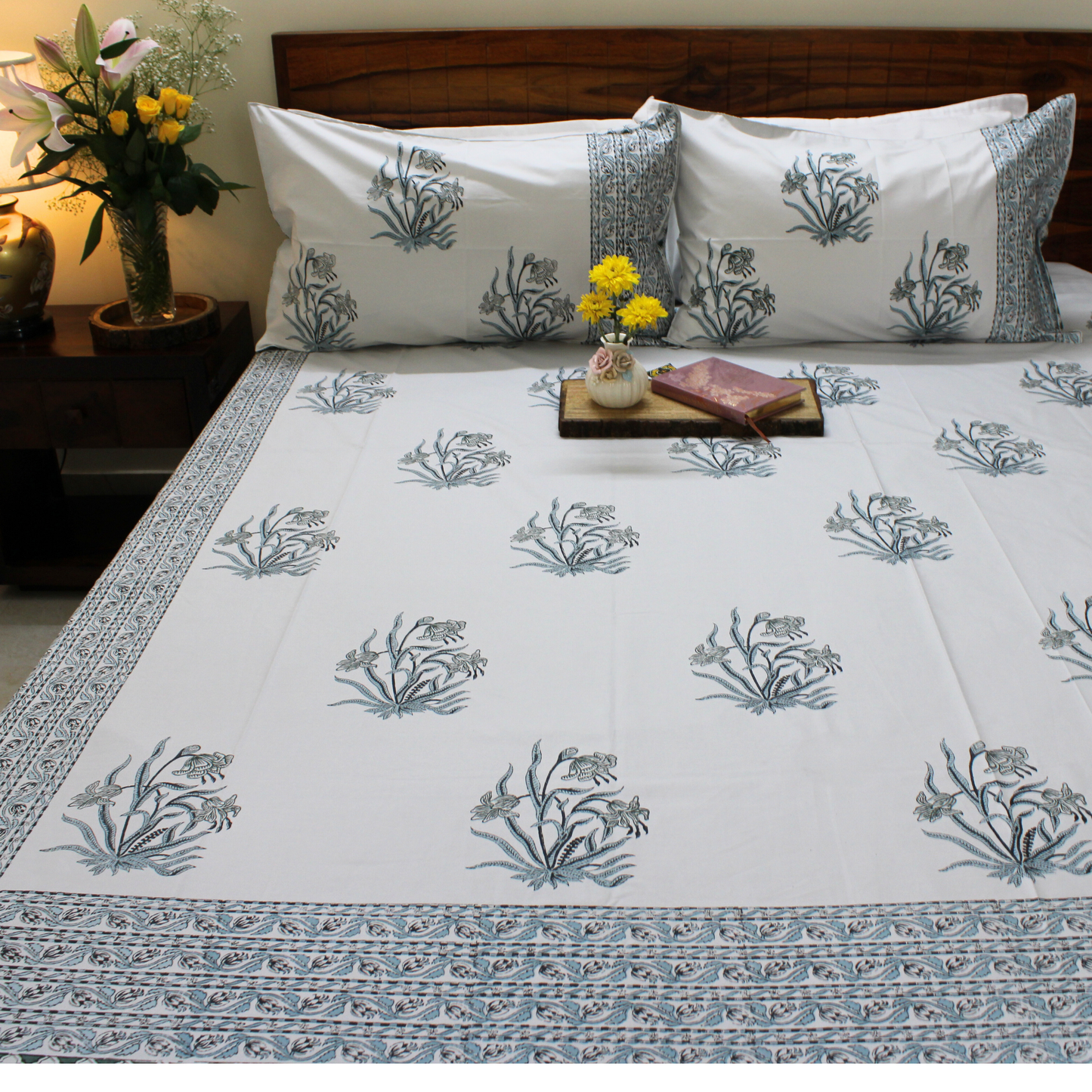 Bedsheet | Cotton Handblock Garden Floral | Set of 3