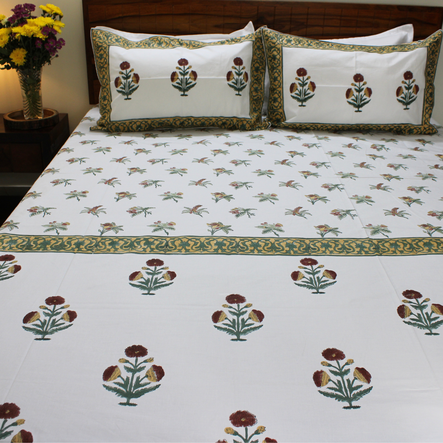 Bedsheet | Cotton Handblock Garden Print | 3 Pc Set