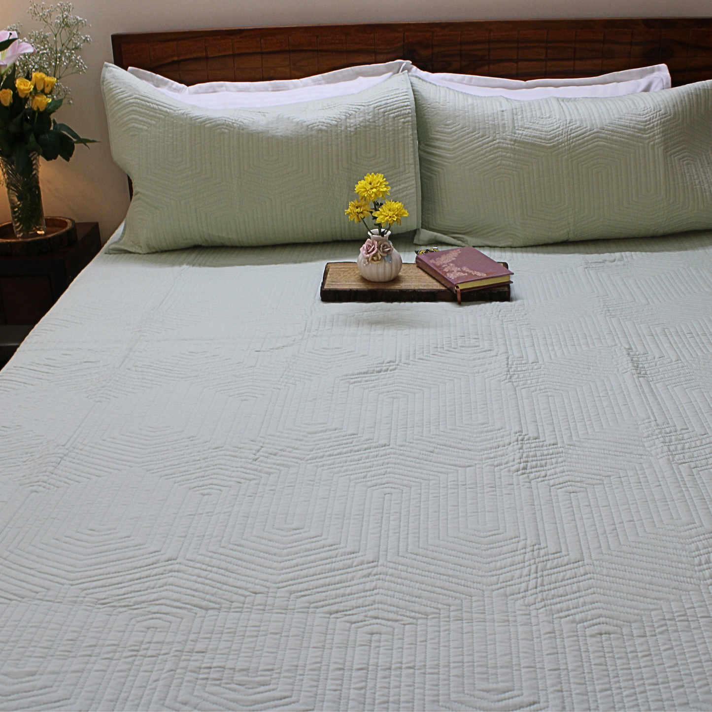 Bedsheet | Cotton Quilted Geometric Pattern Mint Mist |  3 Pc Set