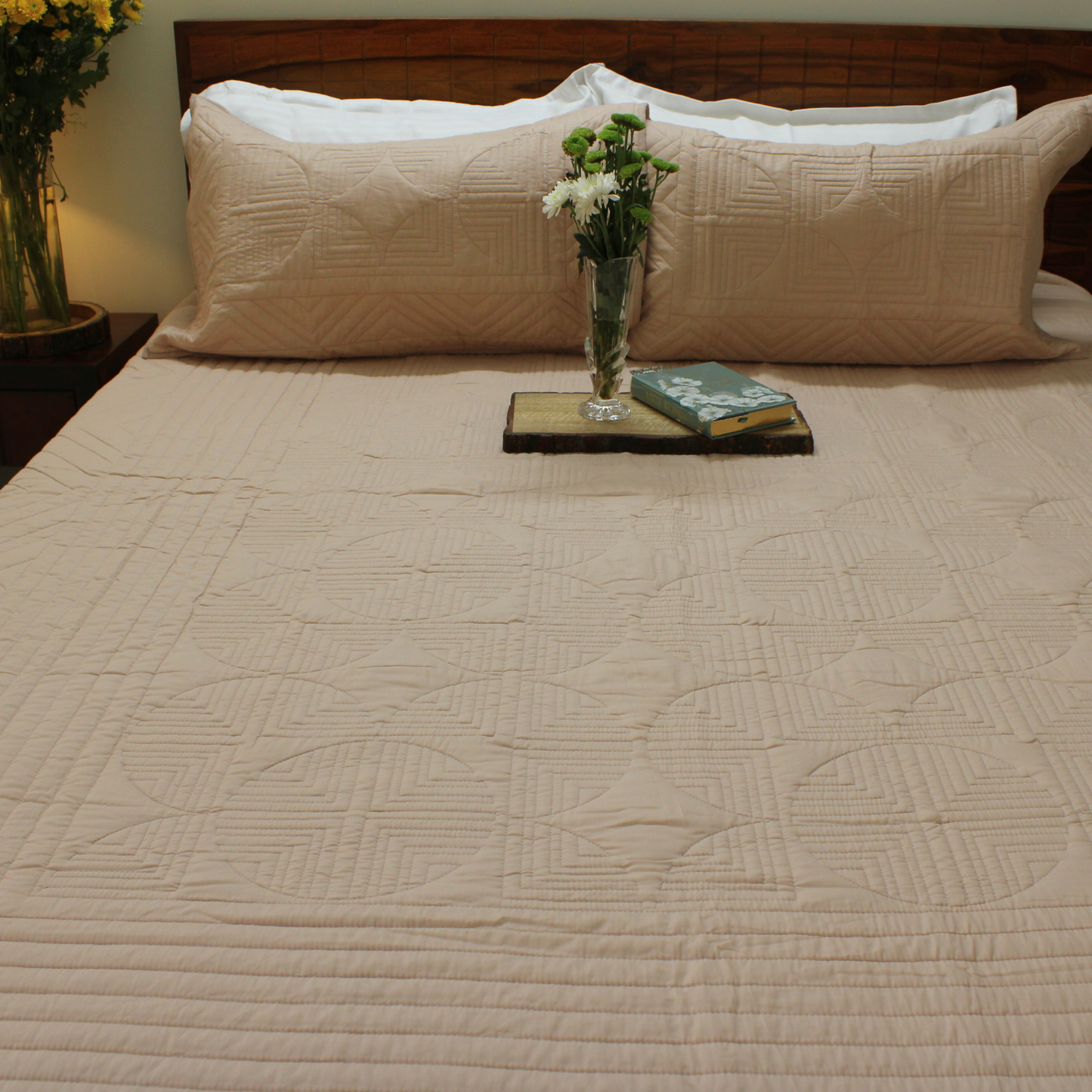 Bedsheet | Cotton Quilted Geometric Peach Mist |  3 Pc Set