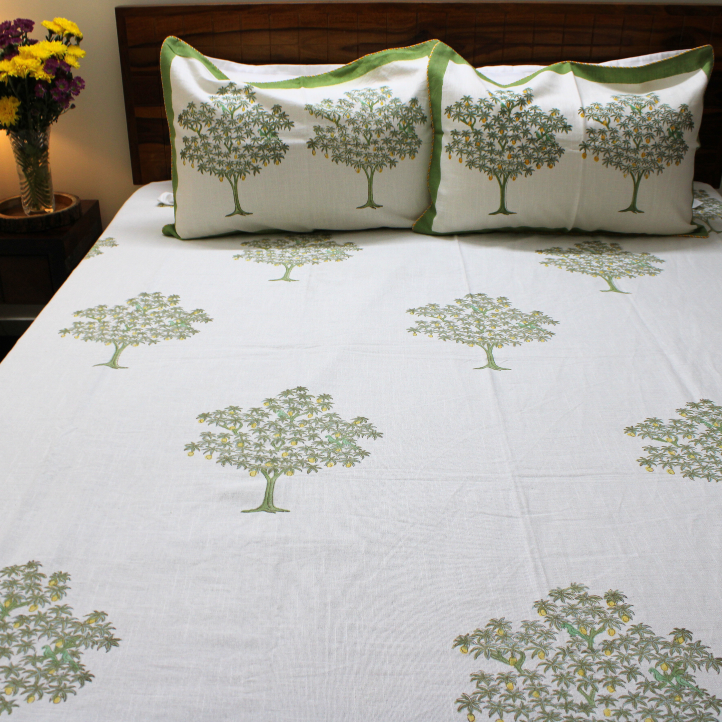 Bedsheet | Cotton Slub Handblock Lotus Garden | Set of 3