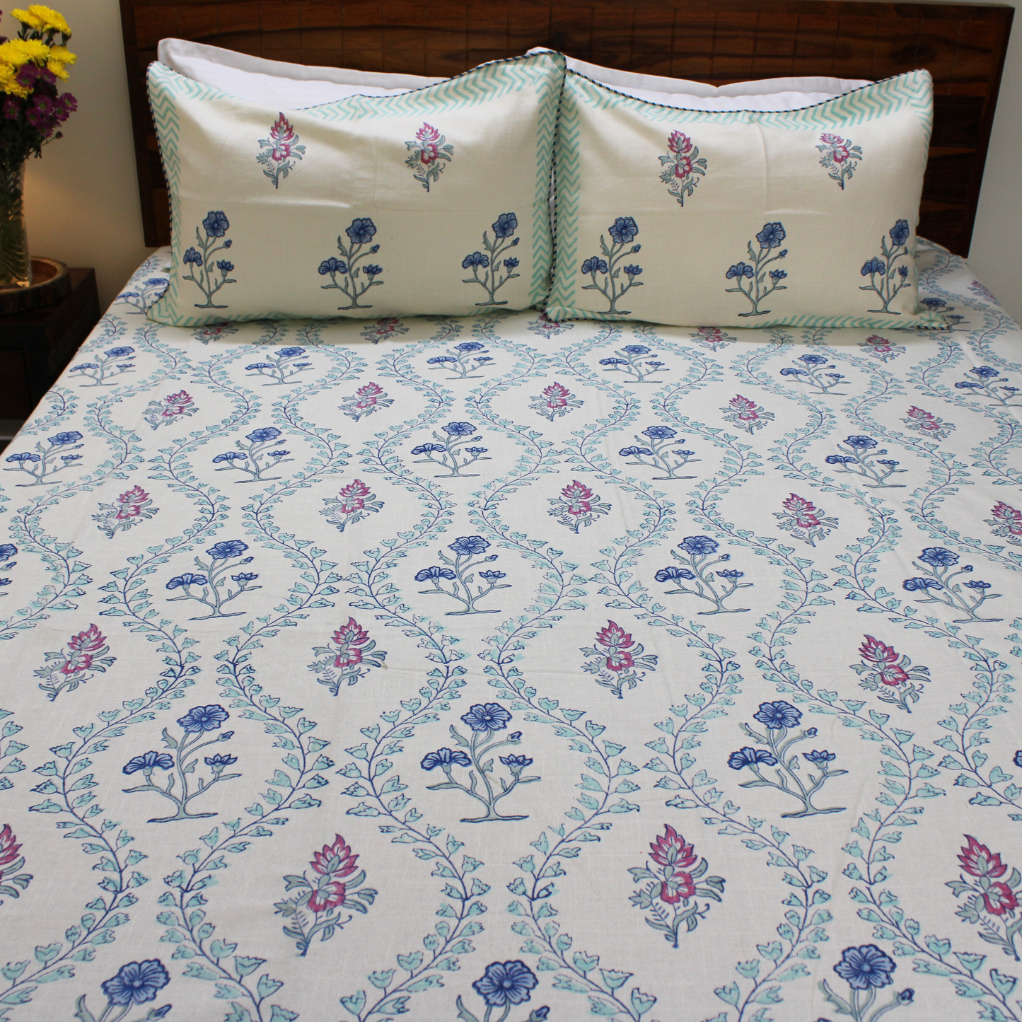 Bedsheet | Handblock Lotus Garden Indigo & Blush |  3 Pc Set