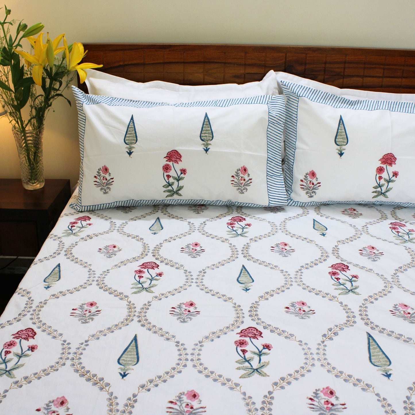 Bedsheet | Cotton Handblock Garden Blooms | Set of 3