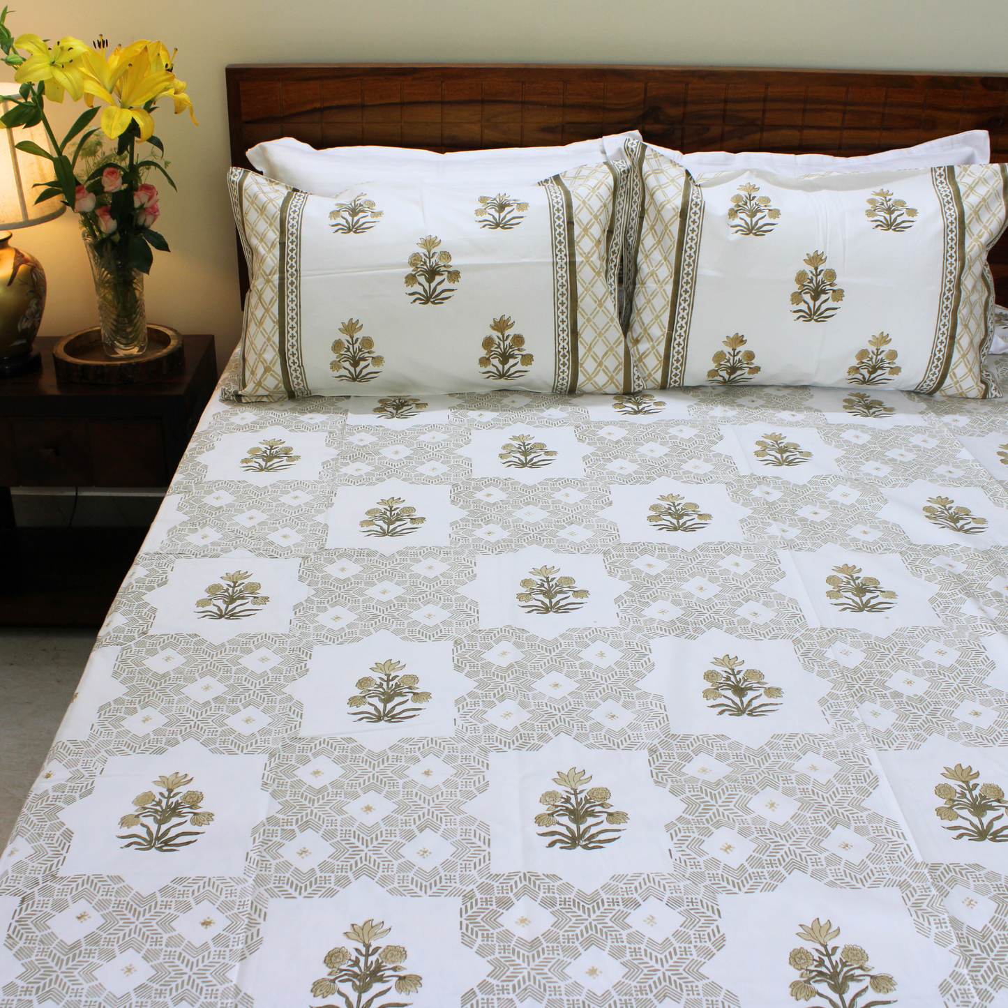 Bedsheet | Handblock Cotton Garden Print | Set of 3