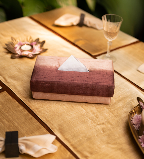 Handwoven Dupion Silk Tissue Box - Wine Hued, Mapuche Arrow Pattern
