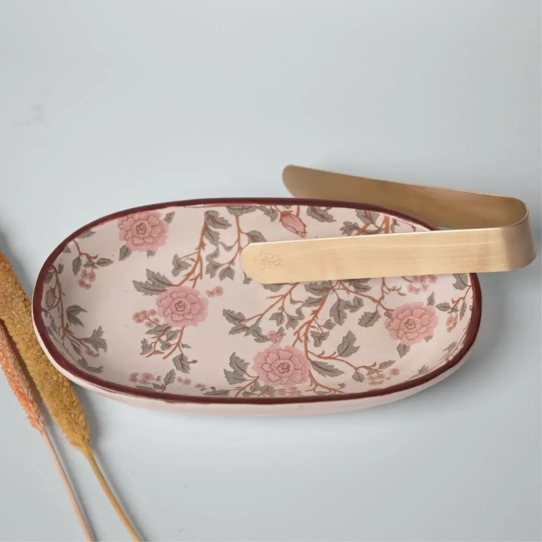 Handcrafted Stoneware Serving Tray - Peony Print, Oval, Brass Tong Set