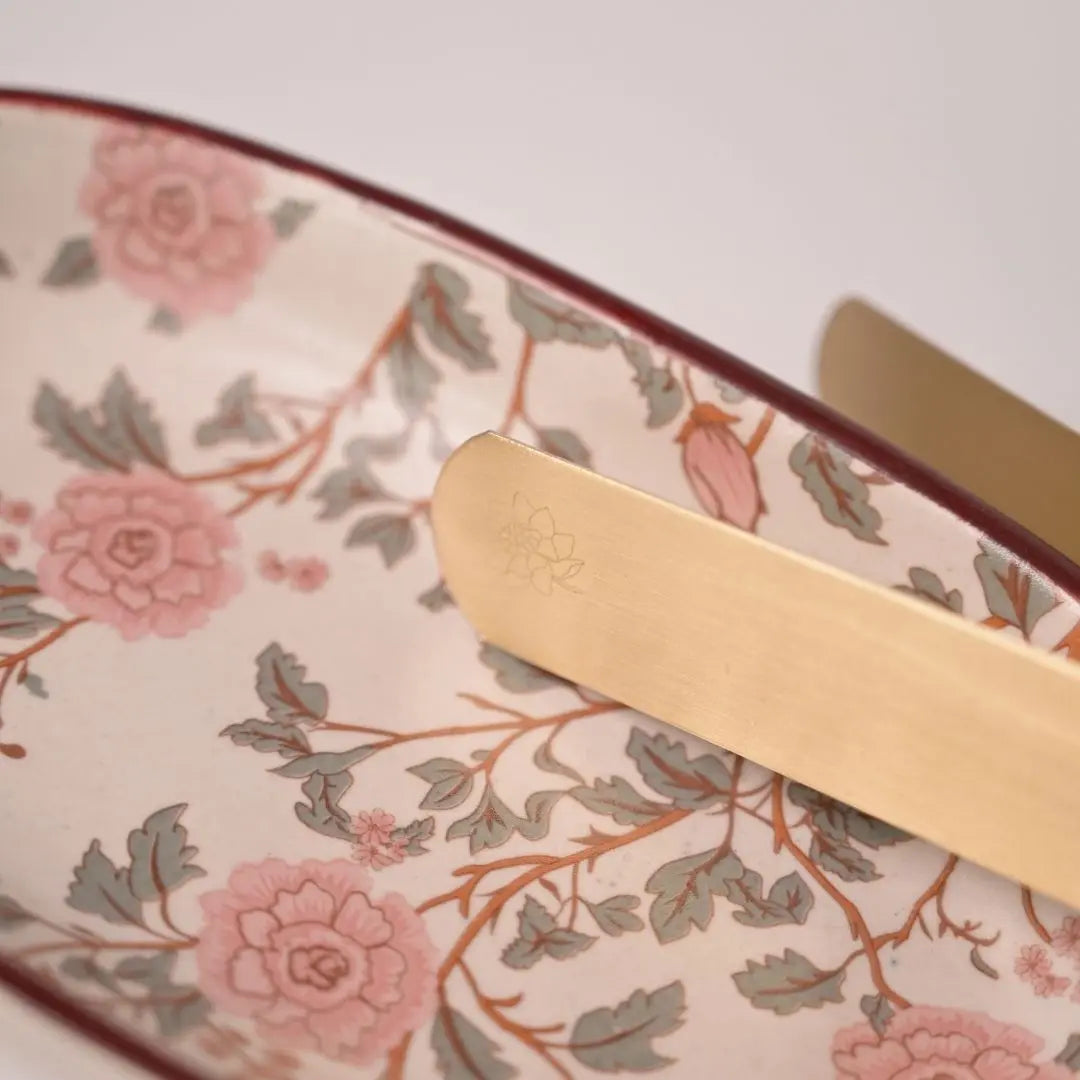 Handcrafted Stoneware Serving Tray - Peony Print, Oval, Brass Tong Set